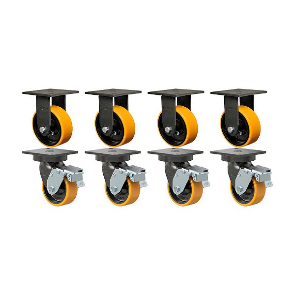 KIT 8 RODÍZIO FIXO GIRATÓRIO FREIO PU MOLDADO MX 52 PE 600KG