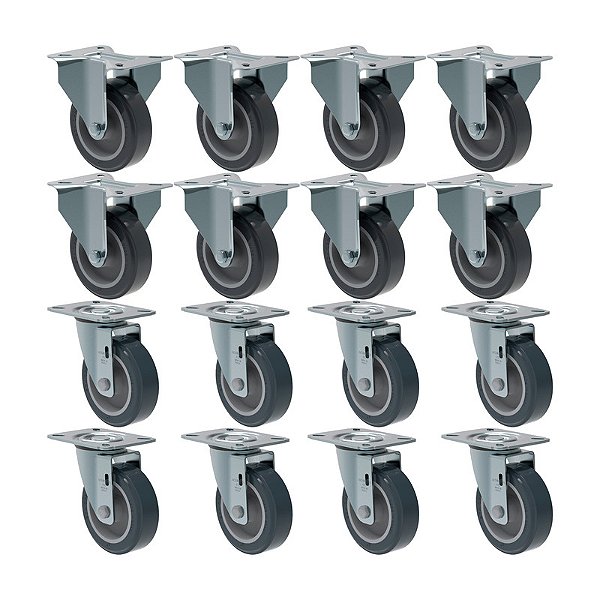 KIT 16 RODÍZIO FIXO GIRATÓRIO PVC CINZA 412 BP SM 65KG