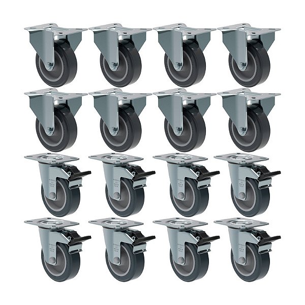 KIT 16 RODÍZIO FIXO GIRATÓRIO FREIO PVC CINZA 412 BP SM 65KG