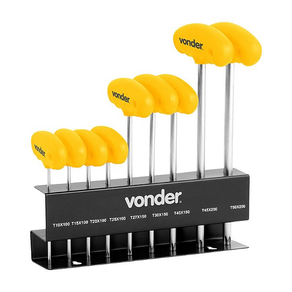 JOGO CHAVES HEXALOBULAR 9 PEÇAS T10-T50 COM CABO VONDER