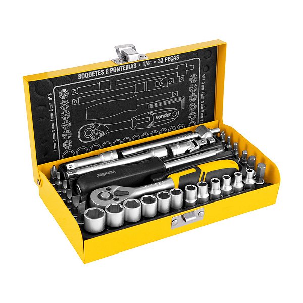 JOGO SOQUETES PONTEIRAS ENCAIXE 1/4" JG 4MM A 13MM 33PCS VD