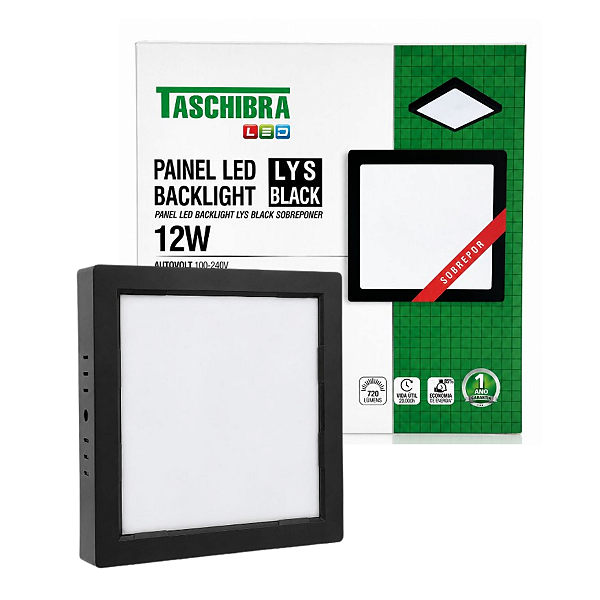 Painel de Led Preto 12W Plafon Quadrado Sobrepor Bivolt Taschibra