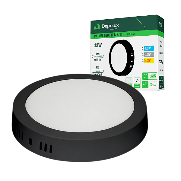 Painel Led Preto 12W Plafon Redondo Sobrepor Bivolt Depolux