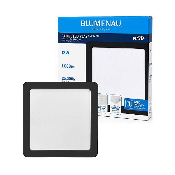 Painel Led Quadrado 12W Sobrepor Preto Bivolt Blumenau Iluminação