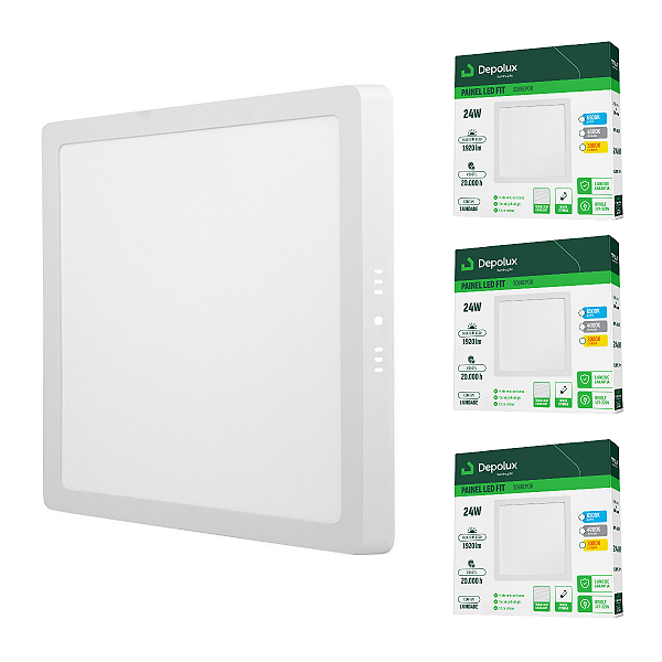 Kit 3 Painel Led Quadrado 24W Fit Sobrepor Branco Bivolt Depolux