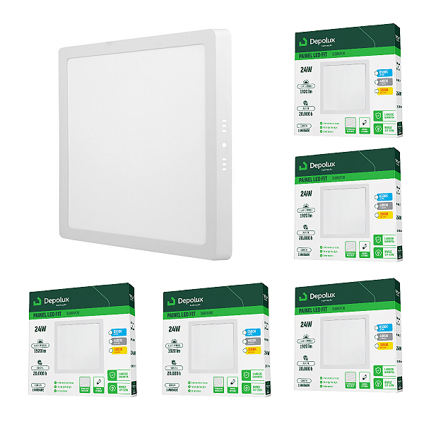 Kit 5 Painel Led Quadrado 24W Fit Sobrepor Branco Bivolt Depolux