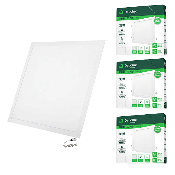 Kit 3 Painel de Led Embutir 36W 40x40cm Quadrado Alumínio Branco Bivolt Depolux