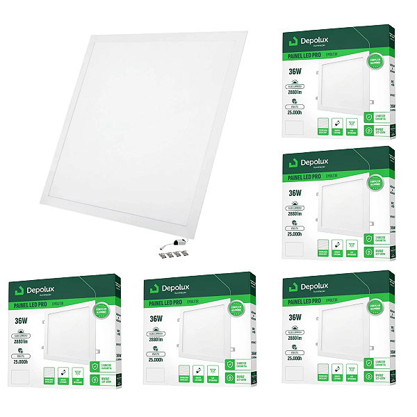 Kit 5 Painel de Led Embutir 36W 40x40cm Quadrado Alumínio Branco Bivolt Depolux