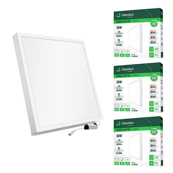 Kit 3 Painel de Led Sobrepor 36W 40x40cm Quadrado Alumínio Branco Bivolt Depolux