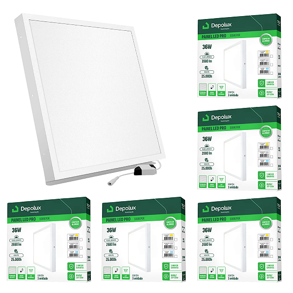 Kit 5 Painel de Led Sobrepor 36W 40x40cm Quadrado Alumínio Branco Bivolt Depolux