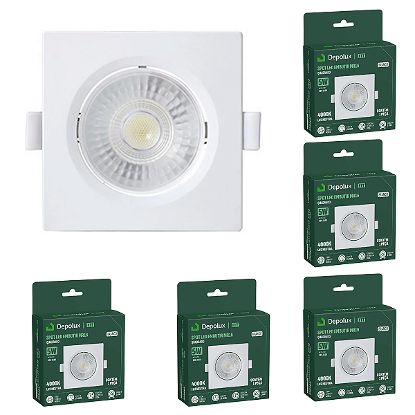 Kit 5 Spot de Led 5w Embutir Quadrado 9x9cm Fit Bivolt Depolux