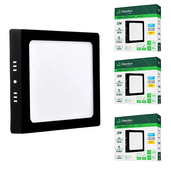 Kit 4 Painel Led Preto 12W Plafon Quadrado Sobrepor Bivolt Depolux