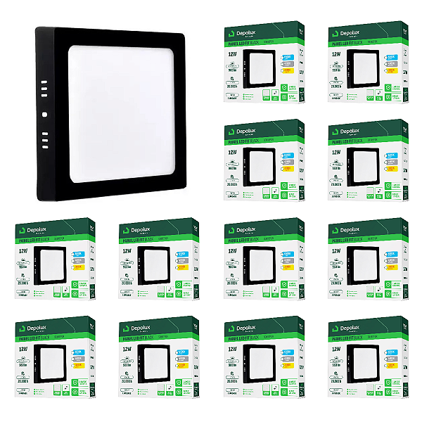 Kit 15 Painel Led Preto 12W Plafon Quadrado Sobrepor Bivolt Depolux