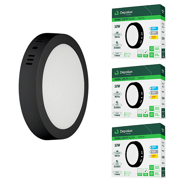 Kit 4 Painel Led Preto 12W Plafon Redondo Sobrepor Bivolt Depolux