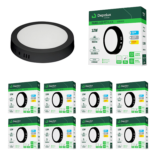 Kit 10 Painel Led Preto 12W Plafon Redondo Sobrepor Bivolt Depolux
