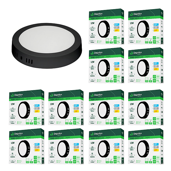 Kit 15 Painel Led Preto 12W Plafon Redondo Sobrepor Bivolt Depolux
