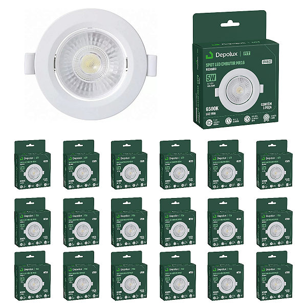 Kit 20 Spot de Led 5w Embutir Redondo 9x9cm Fit Bivolt Depolux