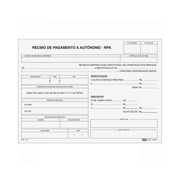 RECIBO DE PAGAMENTO AUTÔNOMO TILIBRA 3VIAS 25F 215X147MM