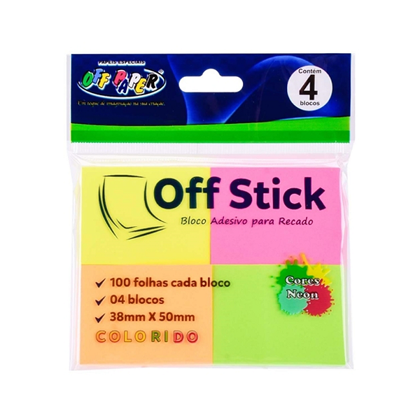 BLOCO ADESIVO OFF STICK 4 BOLCOS 38X51 NEON 100 FLS