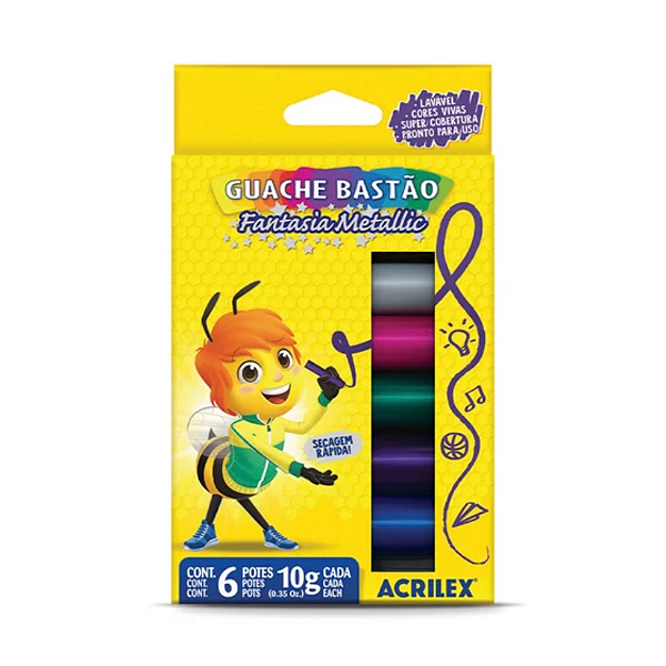 TINTA GUACHE ACRILEX EM BASTÃO METALICA C/6 CORES