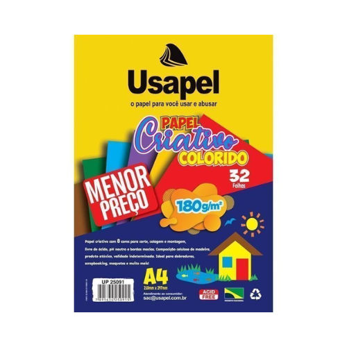 PAPEL CRIATIVO COLORIDO 8 CORES USAPEL 180GM - 32 FOLHAS