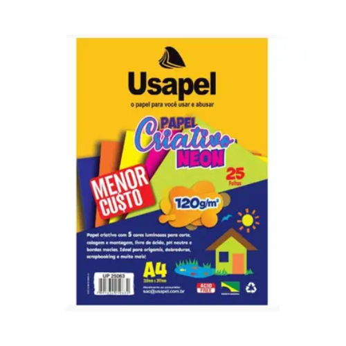 PAPEL CRIATIVO COLORIDO 5 CORES NEON USAPEL 120GM - 25 FOLHAS