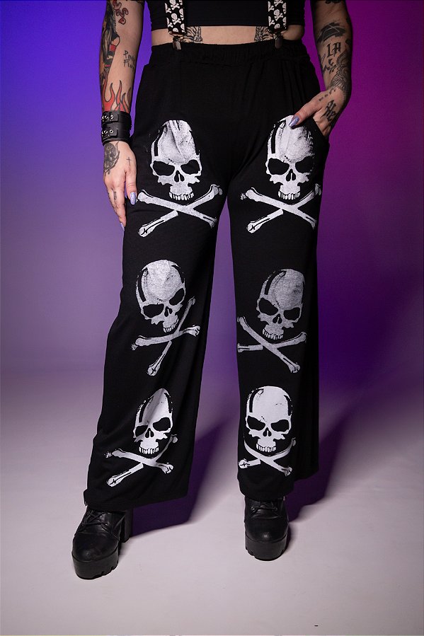 Calça Pantalona Caveira com osso