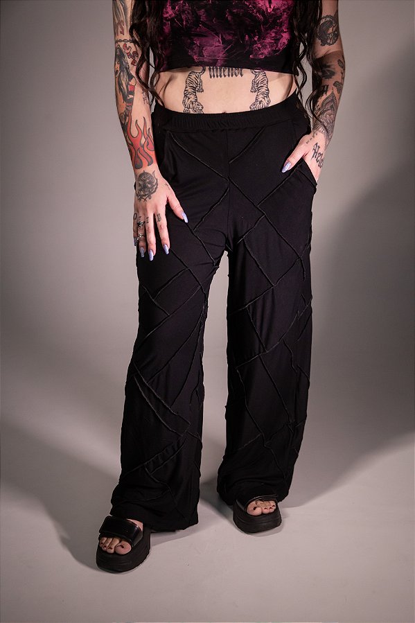 Calça Pantalona Patchwork Preta
