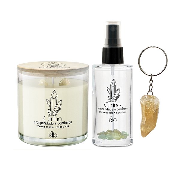 Kit Citrino - Vela e Spray Ambiental + chaveiro de brinde
