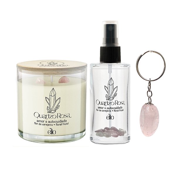 Kit Quartzo Rosa - Vela e Spray Ambiental + chaveiro de brinde
