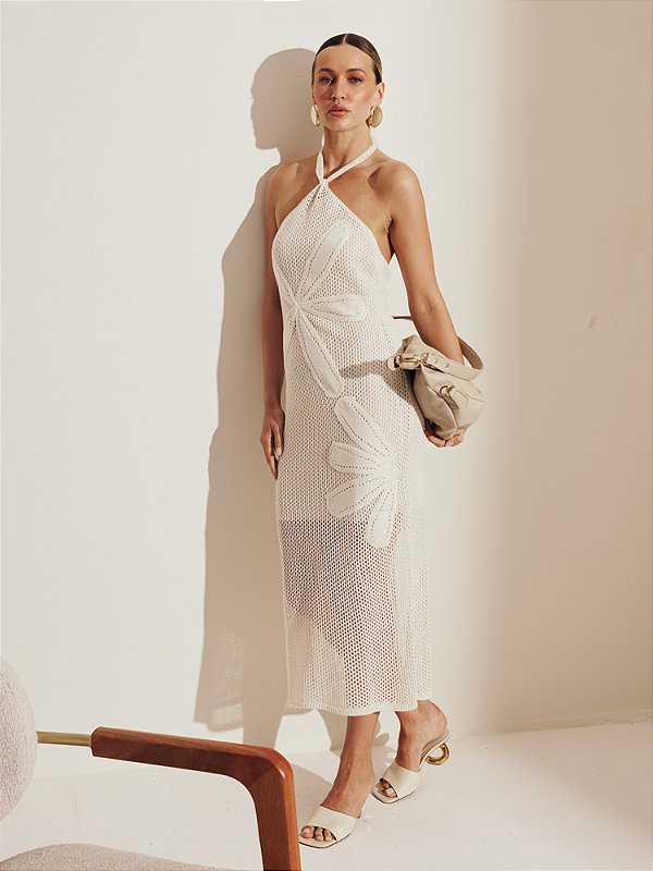Vestido Midi em Tricot com Bordado