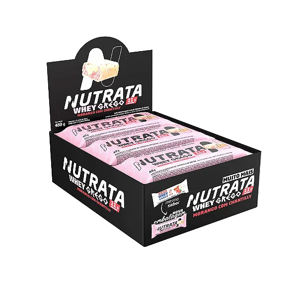 Barra de Proteína Whey Grego 12und Sabor Morango com chantilly - Nutrata