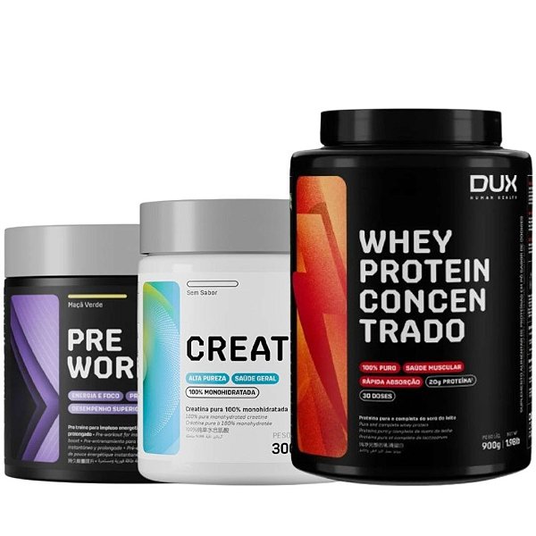 Whey Concentrado 900g + Creatina 300g + Pré-treino 300g - Dux