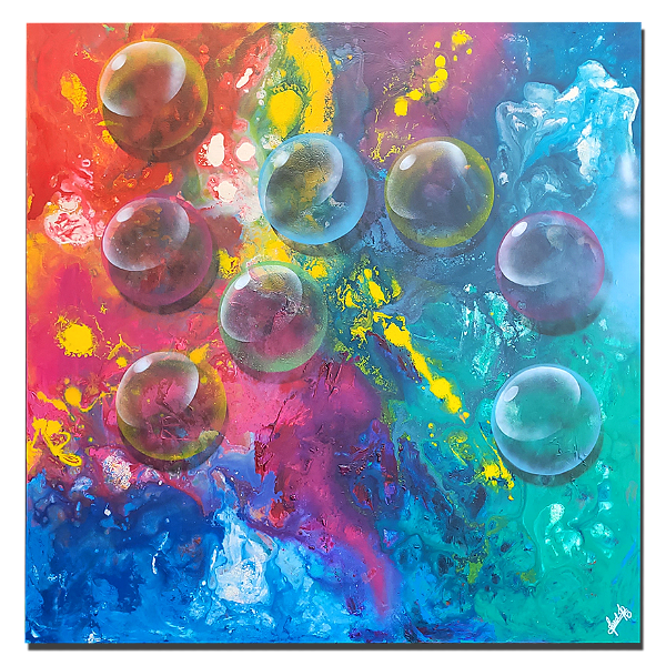 "Abstração", tela tipo painel pintada em acrílico na técnica abstrato medidas : 120 x 120 x 3 cm.