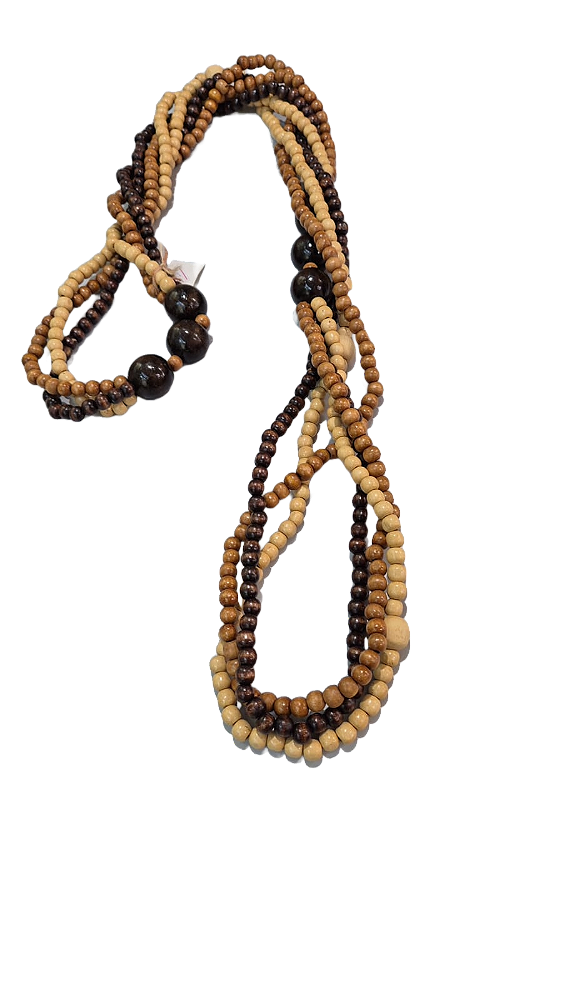 Colar com pastilhas de casca de coco, madeira e tassel de couro 75 cm