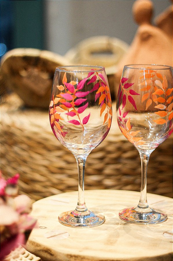 Taça  Folhas Laranja e Rosa - pintada a mão