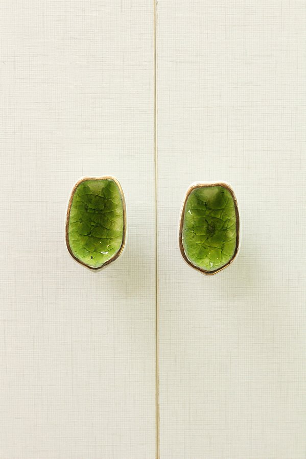 Puxador de Porcelana Off-white com detalhe verde e borda dourada