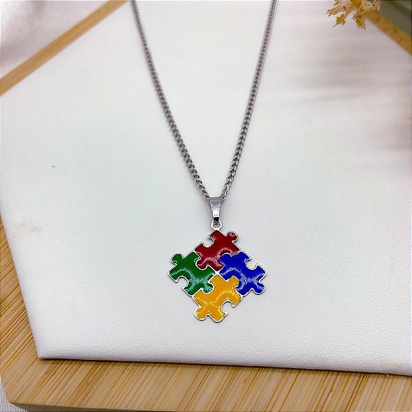 COLAR AÇO INOX COM PINGENTE AUTISMO - PRATEADO