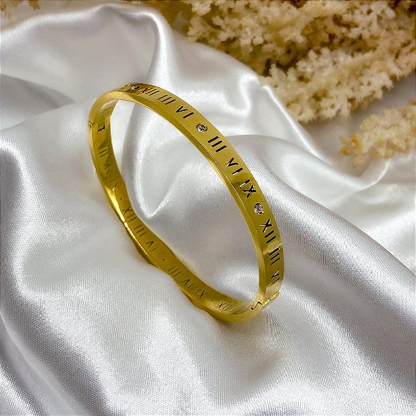BRACELETE AÇO INOXIDÁVEL ALGARISMOS ROMANOS CRAVEJADO DE ZIRCONIA - DOURADO
