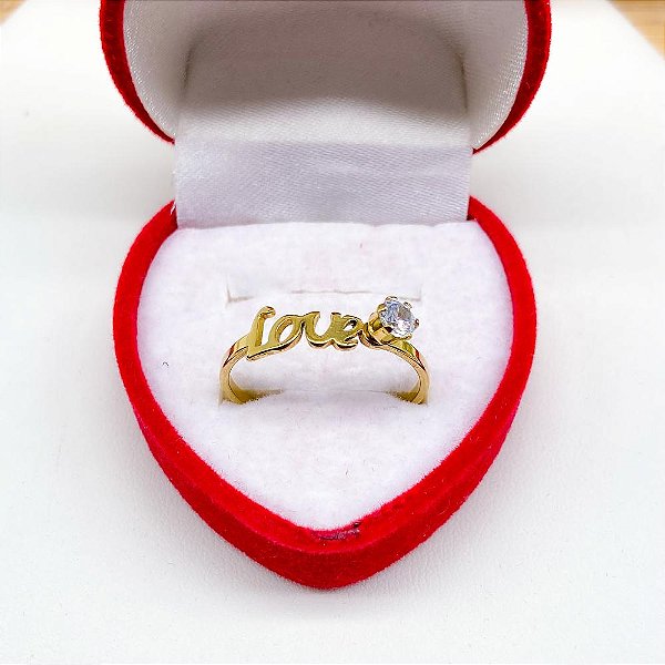 ANEL AÇO INOXIDÁVEL 2MM LOVE COM PEDRA CRISTAL - DOURADO