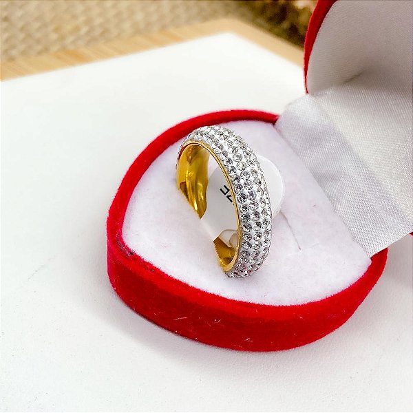 ANEL AÇO INOXIDÁVEL 4MM CRAVEJADA STRASS 4 TIRAS - DOURADO