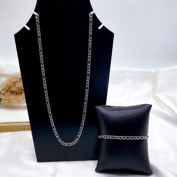 KIT CORRENTE E PULSEIRA FÍGARO 1.2MM AÇO INOX - PRATEADA