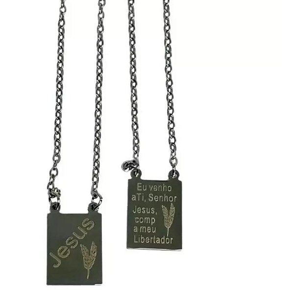 ESCAPULÁRIO DE AÇO INOX 60CM ORAÇÃO - PRATEADO