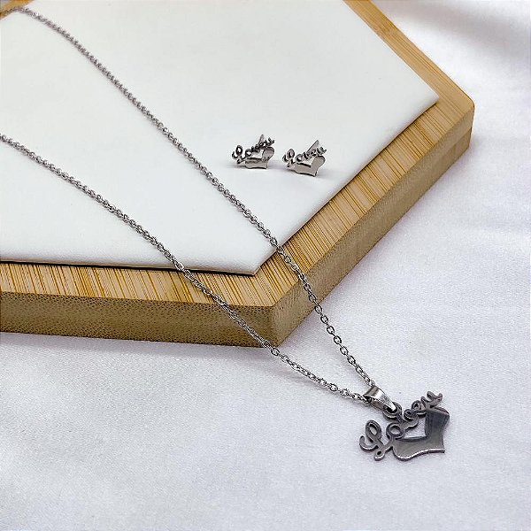 CONJUNTO COLAR E BRINCO AÇO INOX  PINGENTE LOVEU - PRATEADO
