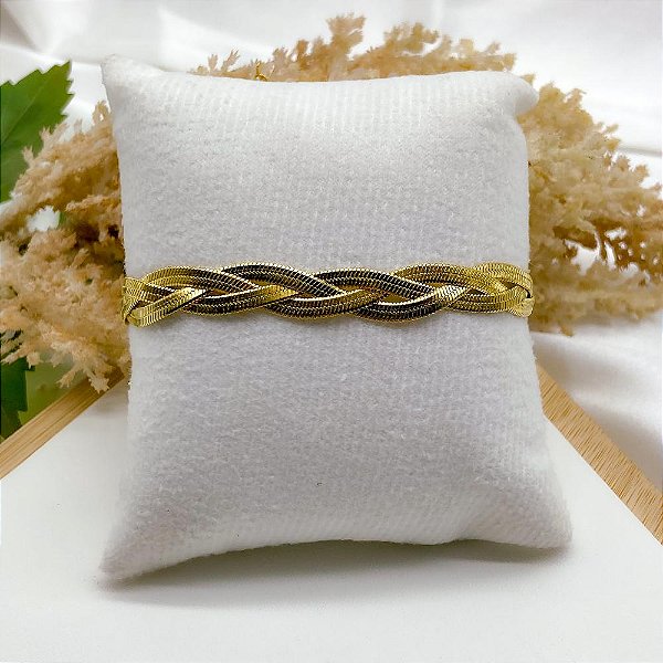 PULSEIRA AÇO INOX MALHA FITA TRANÇADA - DOURADA