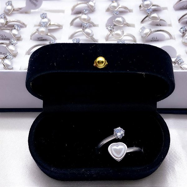 ANEL AÇO INOX CORAÇÃO PEROLA E PEDRA CRISTAL - PRATEADO