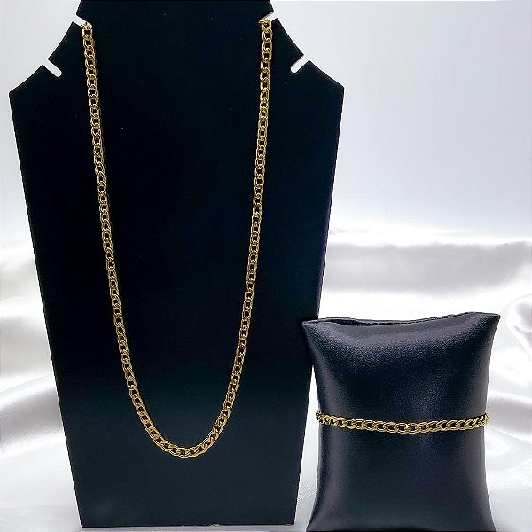 KIT CORRENTE 70CM E PULSEIRA AÇO INOX 22CM GRUMET 1.2MM  - DOURADA