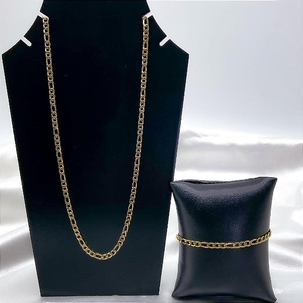 KIT CORRENTE 60CM E PULSEIRA AÇO INOX 22CM FÍGARO 1.2MM  - DOURADA