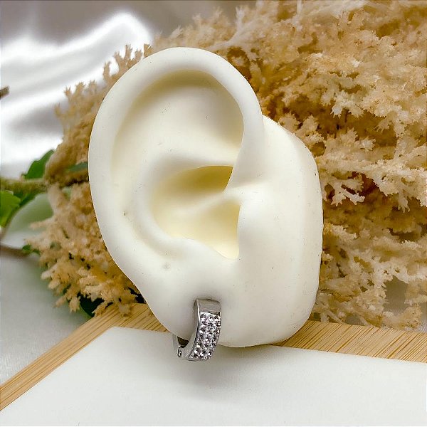 BRINCO AÇO INOX ARGOLINHA CLICK CRAVEJADA STRASS 3 FIOS - PRATEADA