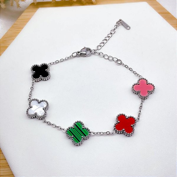 PULSEIRA AÇO INOX TREVO PRATEADA - COLORIDO